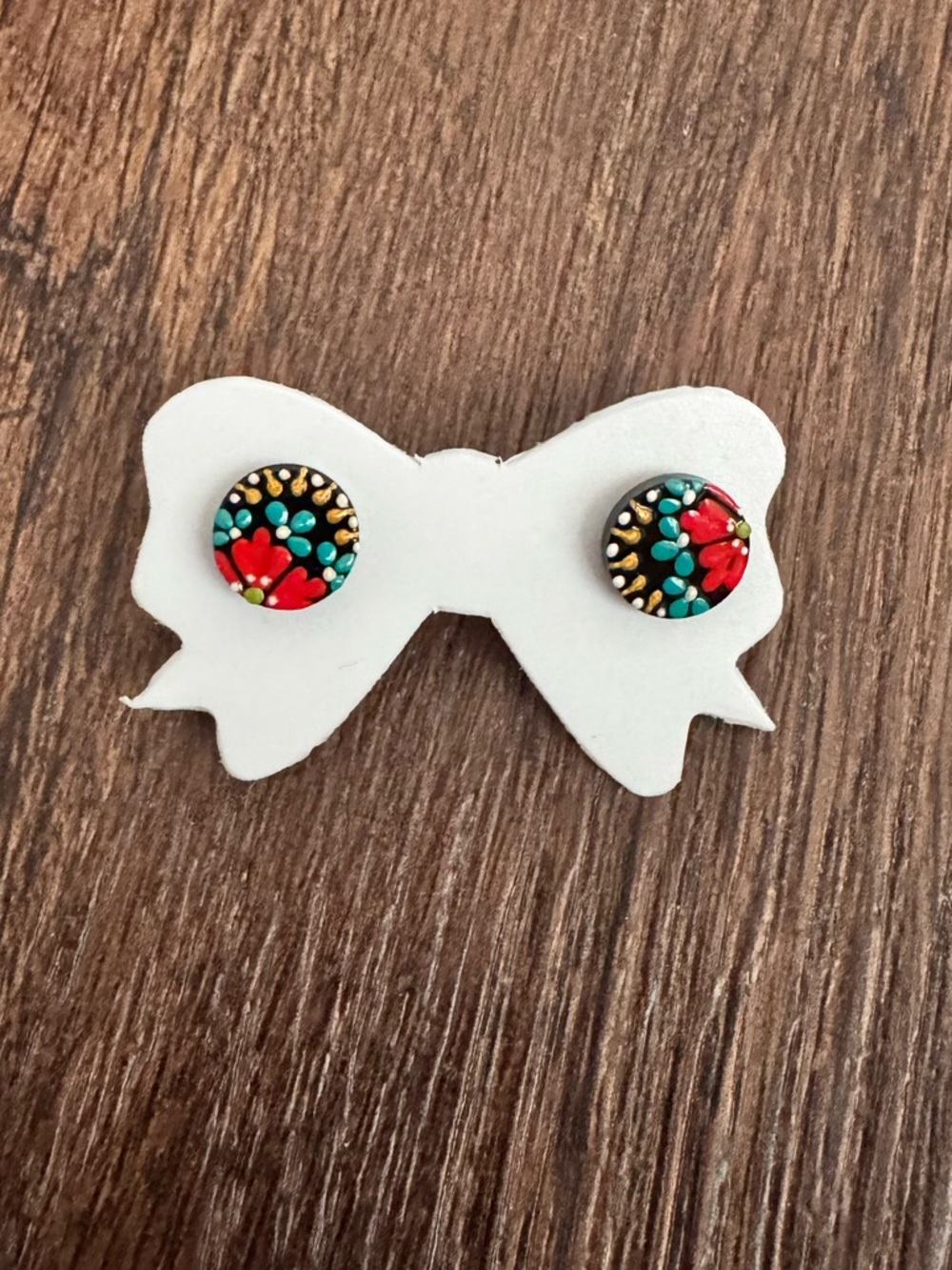 Handpainted Thai Floral Round Stud Earrings - Black, Red & Turquoise